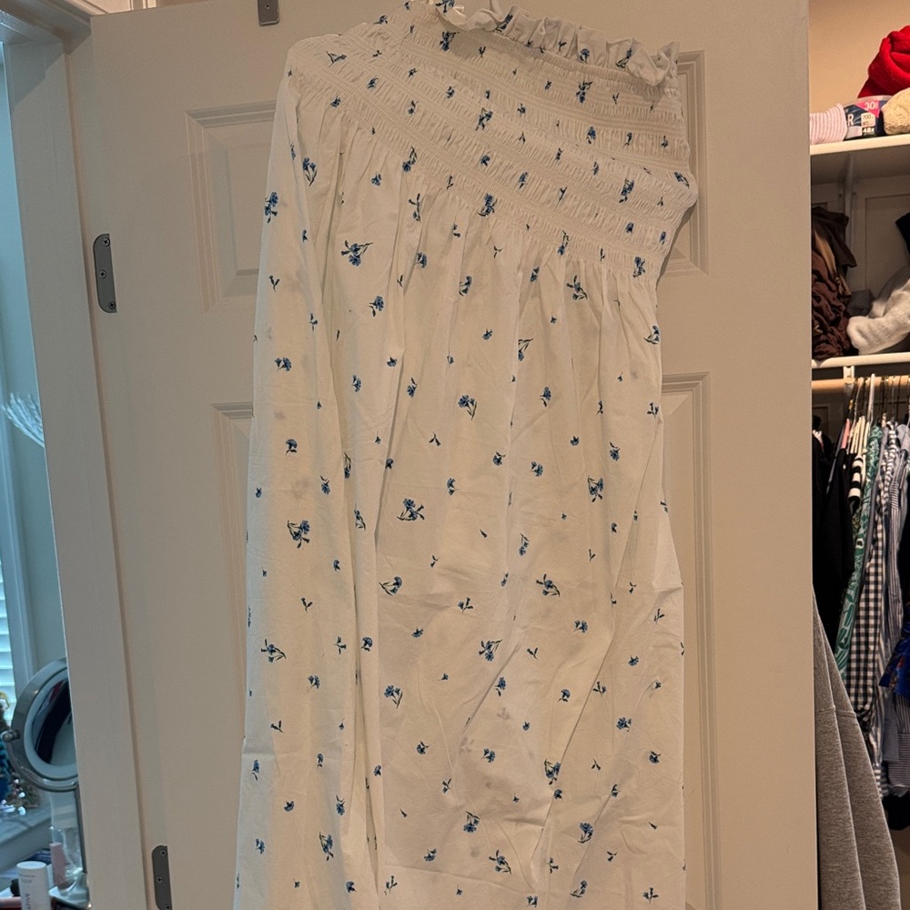 H&M White Strapless Dress with Blue Floral Print